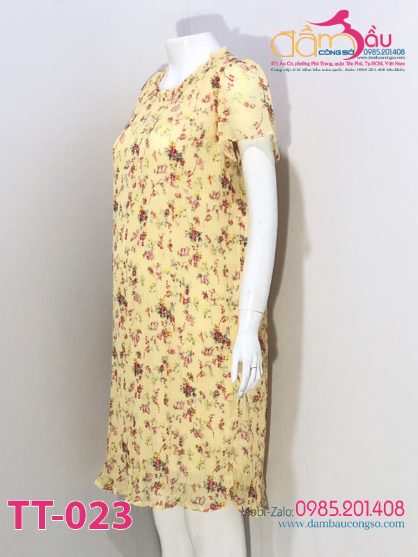 Đầm bầu dập ly vải voan Hàn màu vàng có dây thắt eo tháo rời